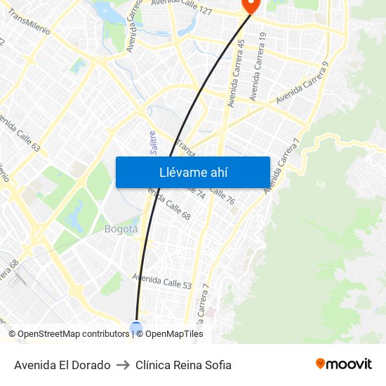 Avenida El Dorado to Clínica Reina Sofia map