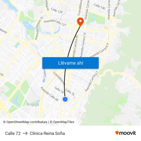 Calle 72 to Clínica Reina Sofia map