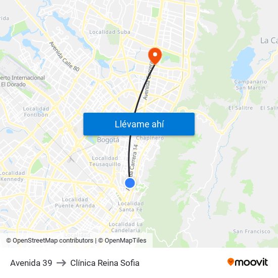 Avenida 39 to Clínica Reina Sofia map