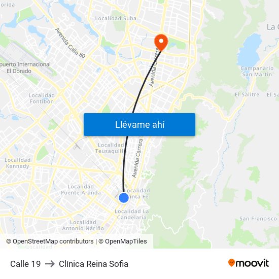 Calle 19 to Clínica Reina Sofia map