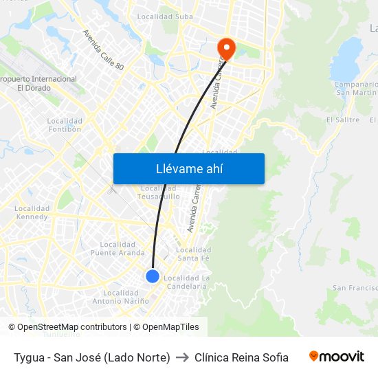 Tygua - San José (Lado Norte) to Clínica Reina Sofia map