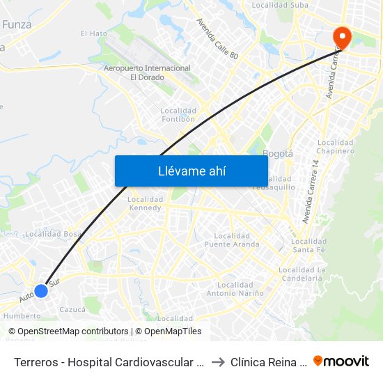 Terreros - Hospital Cardiovascular (Lado Sur) to Clínica Reina Sofia map