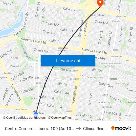 Centro Comercial Iserra 100 (Ac 100 - Kr 54) (B) to Clínica Reina Sofia map