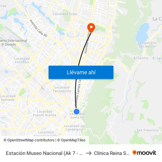Estación Museo Nacional (Ak 7 - Cl 29) to Clínica Reina Sofia map