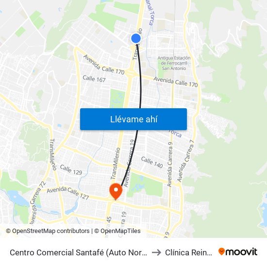 Centro Comercial Santafé (Auto Norte - Cl 187) (B) to Clínica Reina Sofia map