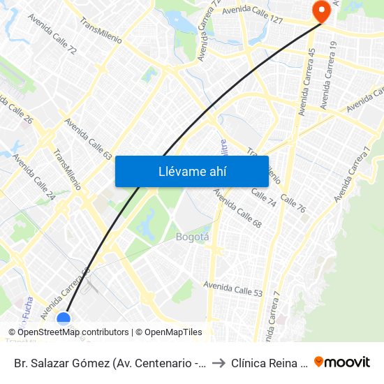 Br. Salazar Gómez (Av. Centenario - Kr 65) (A) to Clínica Reina Sofia map