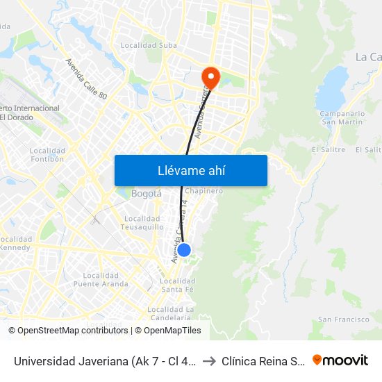 Universidad Javeriana (Ak 7 - Cl 40) (B) to Clínica Reina Sofia map