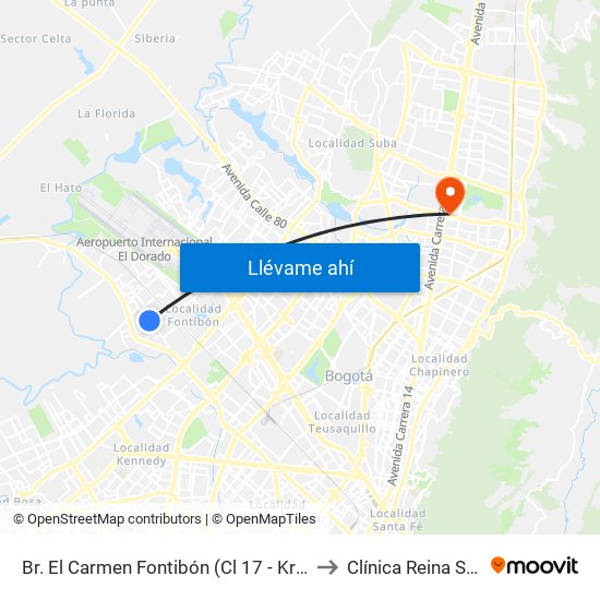 Br. El Carmen Fontibón (Cl 17 - Kr 100) to Clínica Reina Sofia map