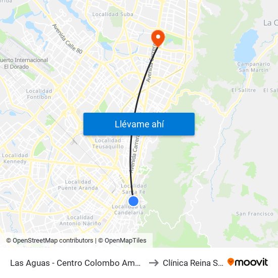 Las Aguas - Centro Colombo Americano to Clínica Reina Sofia map