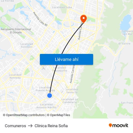 Comuneros to Clínica Reina Sofia map
