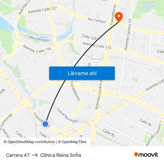 Carrera 47 to Clínica Reina Sofia map