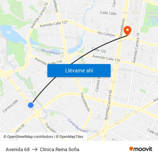 Avenida 68 to Clínica Reina Sofia map