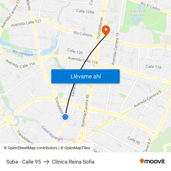 Suba - Calle 95 to Clínica Reina Sofia map