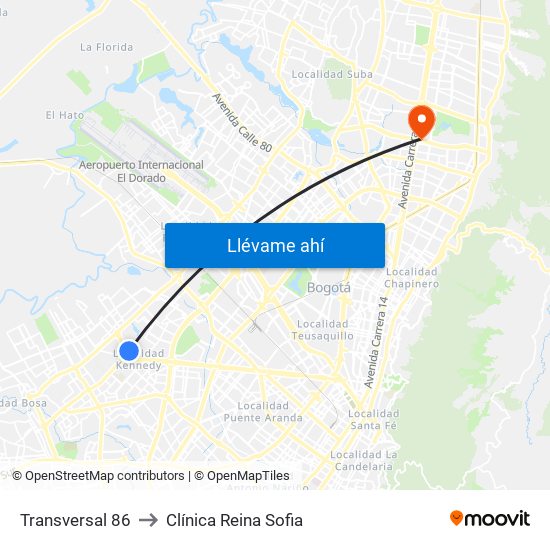 Transversal 86 to Clínica Reina Sofia map