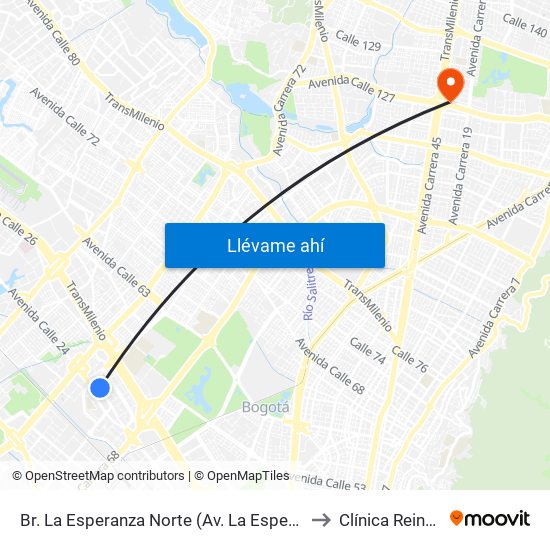 Br. La Esperanza Norte (Av. La Esperanza - Kr 69d) to Clínica Reina Sofia map