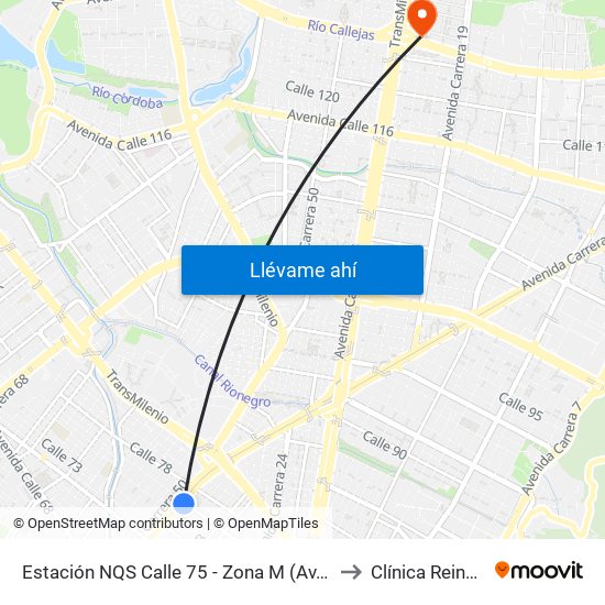 Estación NQS Calle 75 - Zona M (Av. NQS - Cl 75) to Clínica Reina Sofia map