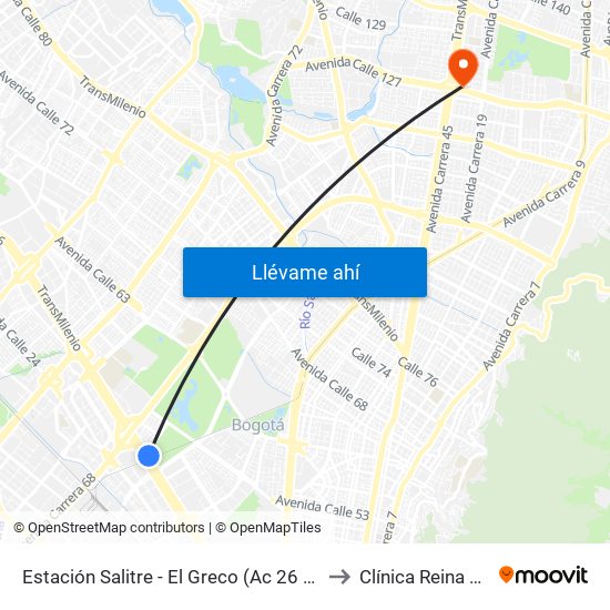 Estación Salitre - El Greco (Ac 26 - Ak 68) to Clínica Reina Sofia map