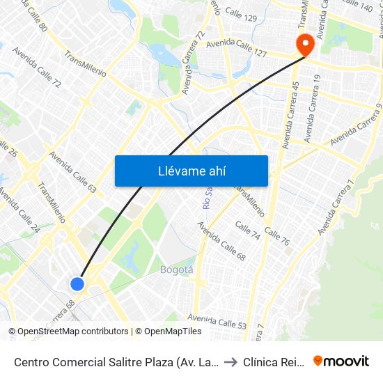 Centro Comercial Salitre Plaza (Av. La Esperanza - Kr 68a) to Clínica Reina Sofia map