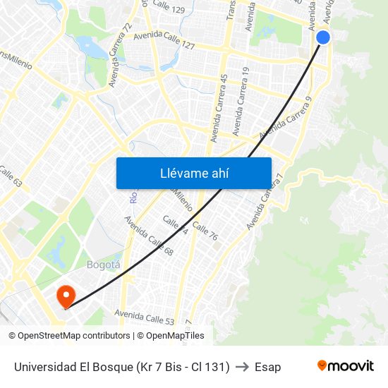 Universidad El Bosque (Kr 7 Bis - Cl 131) to Esap map
