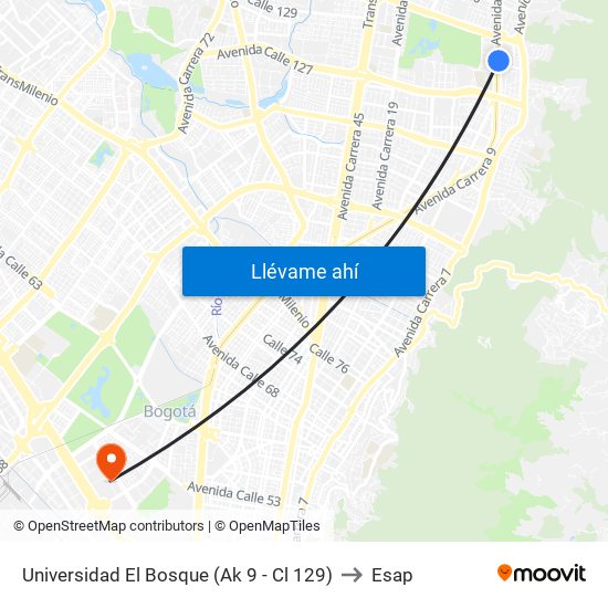 Universidad El Bosque (Ak 9 - Cl 129) to Esap map