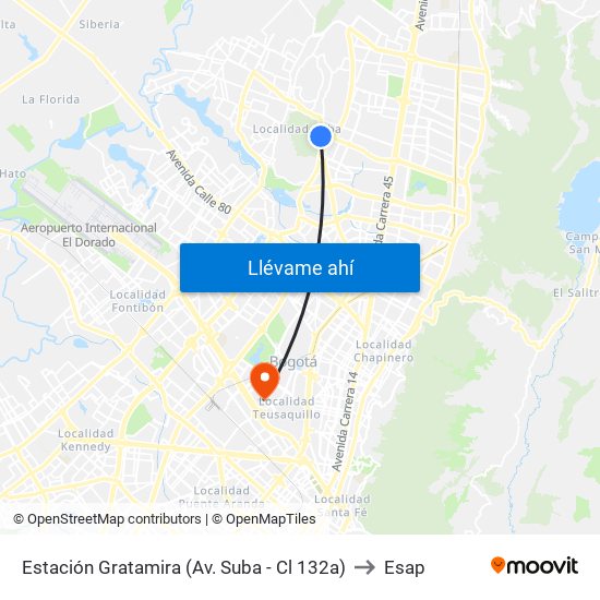 Estación Gratamira (Av. Suba - Cl 132a) to Esap map