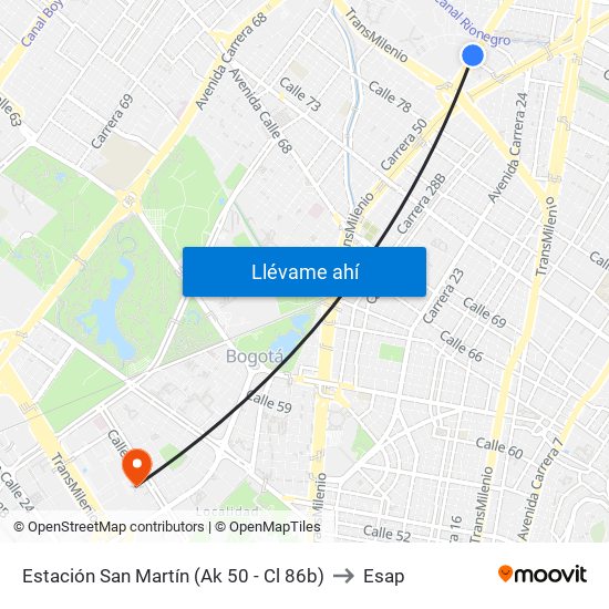 Estación San Martín (Ak 50 - Cl 86b) to Esap map