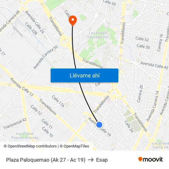 Plaza Paloquemao (Ak 27 - Ac 19) to Esap map
