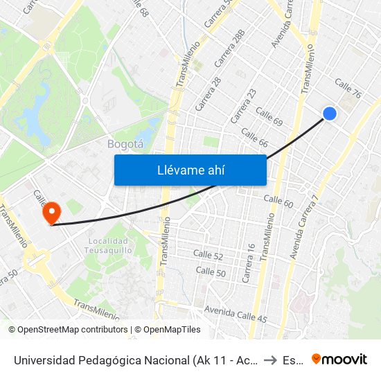 Universidad Pedagógica Nacional (Ak 11 - Ac 72) (A) to Esap map