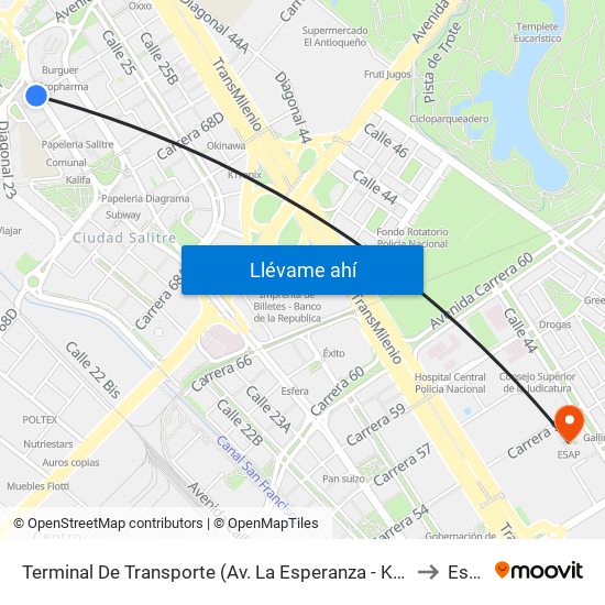 Terminal De Transporte (Av. La Esperanza - Kr 69d) to Esap map