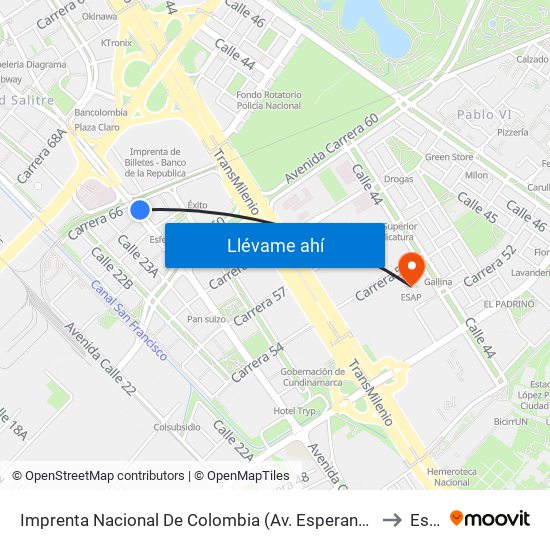 Imprenta Nacional De Colombia (Av. Esperanza - Kr 66) to Esap map