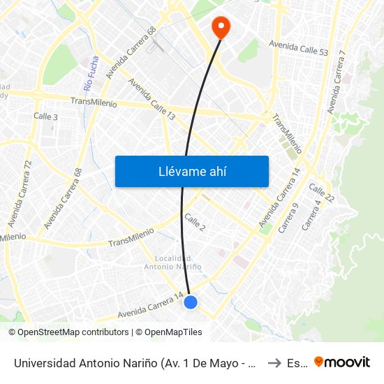 Universidad Antonio Nariño (Av. 1 De Mayo - Kr 13 Bis) (A) to Esap map