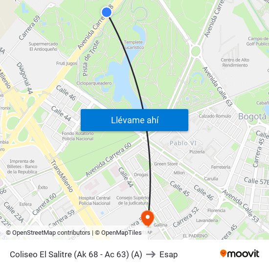 Coliseo El Salitre (Ak 68 - Ac 63) (A) to Esap map