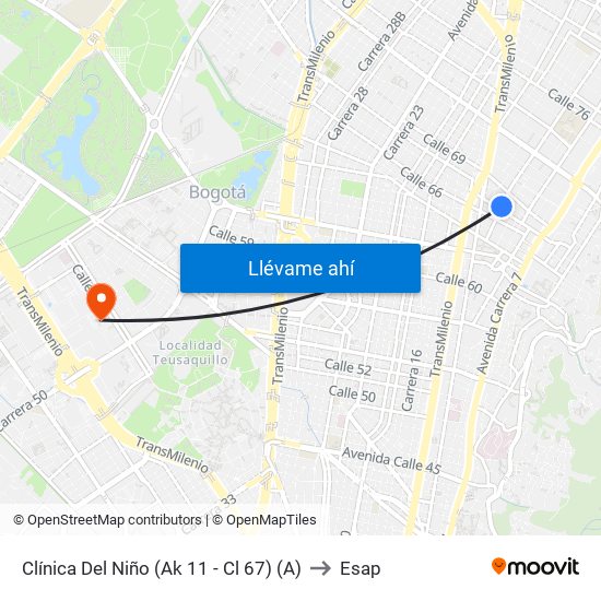 Clínica Del Niño (Ak 11 - Cl 67) (A) to Esap map
