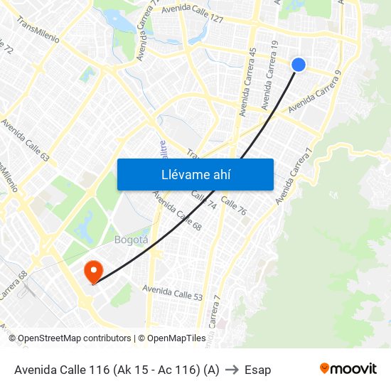 Avenida Calle 116 (Ak 15 - Ac 116) (A) to Esap map