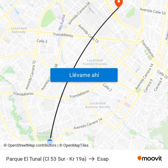 Parque El Tunal (Cl 53 Sur - Kr 19a) to Esap map
