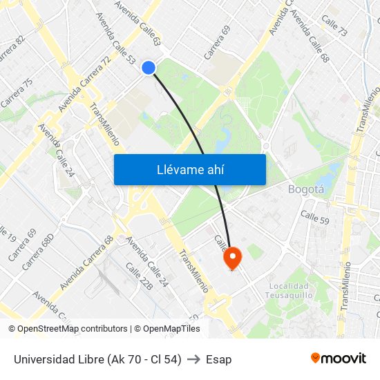 Universidad Libre (Ak 70 - Cl 54) to Esap map