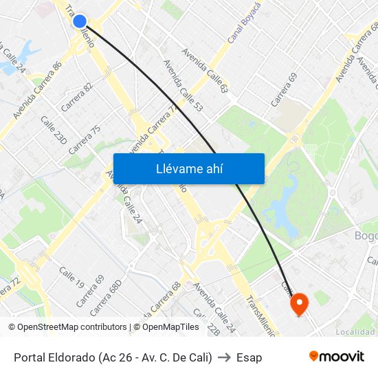 Portal Eldorado (Ac 26 - Av. C. De Cali) to Esap map