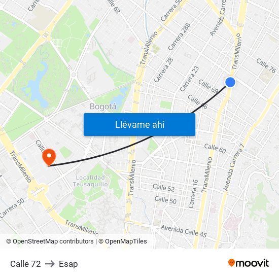 Calle 72 to Esap map