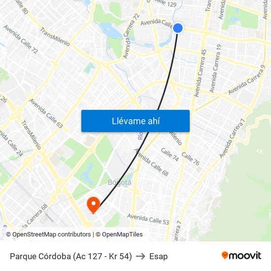 Parque Córdoba (Ac 127 - Kr 54) to Esap map