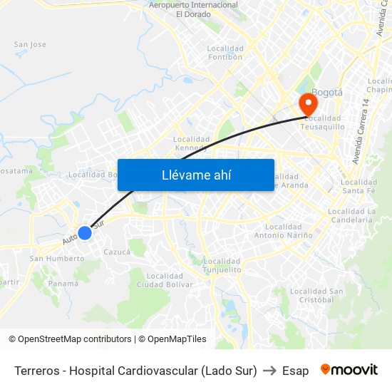 Terreros - Hospital Cardiovascular (Lado Sur) to Esap map