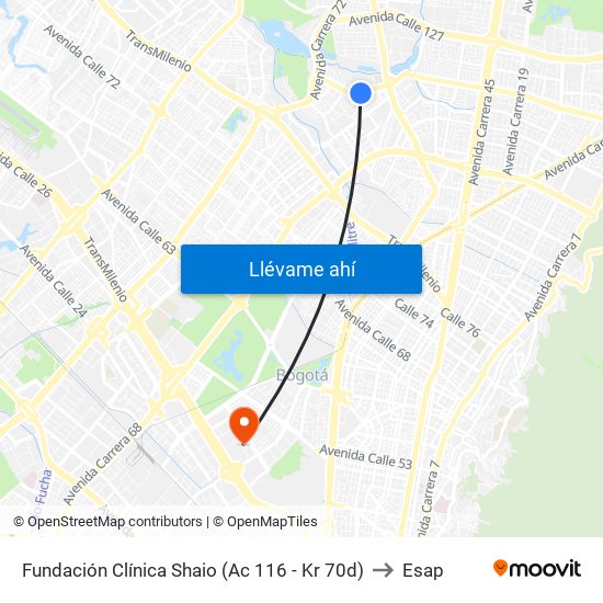 Fundación Clínica Shaio (Ac 116 - Kr 70d) to Esap map