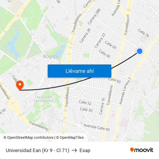 Universidad Ean (Kr 9 - Cl 71) to Esap map
