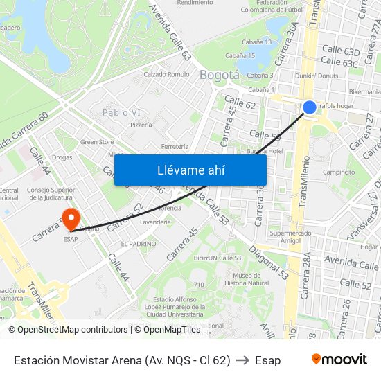 Estación Movistar Arena (Av. NQS - Cl 62) to Esap map