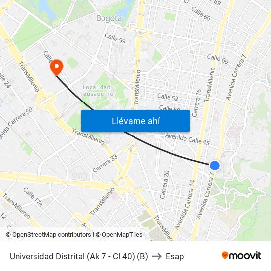 Universidad Distrital (Ak 7 - Cl 40) (B) to Esap map