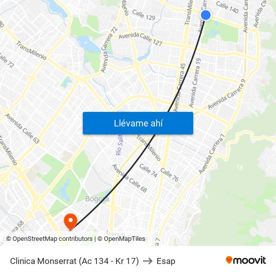 Clinica Monserrat (Ac 134 - Kr 17) to Esap map