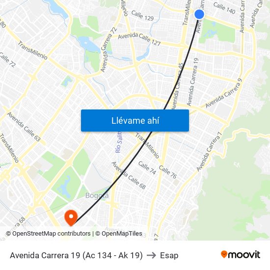 Avenida Carrera 19 (Ac 134 - Ak 19) to Esap map