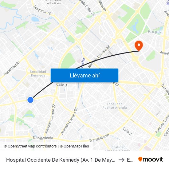Hospital Occidente De Kennedy (Av. 1 De Mayo - Cl 40 Sur) (A) to Esap map