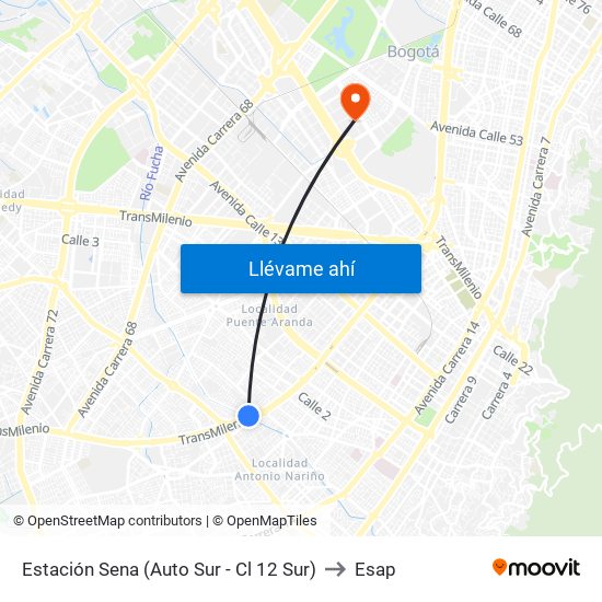 Estación Sena (Auto Sur - Cl 12 Sur) to Esap map