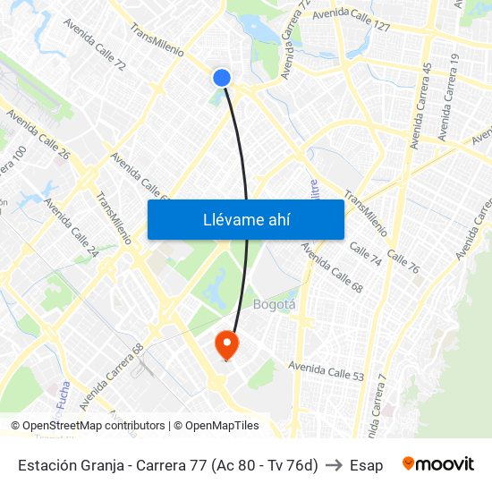 Estación Granja - Carrera 77 (Ac 80 - Tv 76d) to Esap map