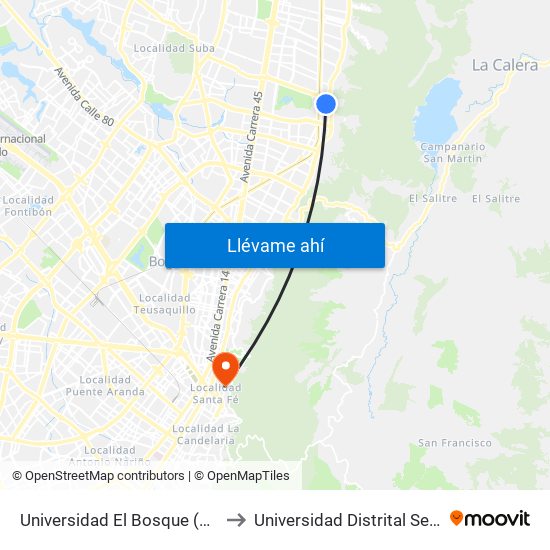 Universidad El Bosque (Kr 7 Bis - Cl 131) to Universidad Distrital Sede Macarena B map